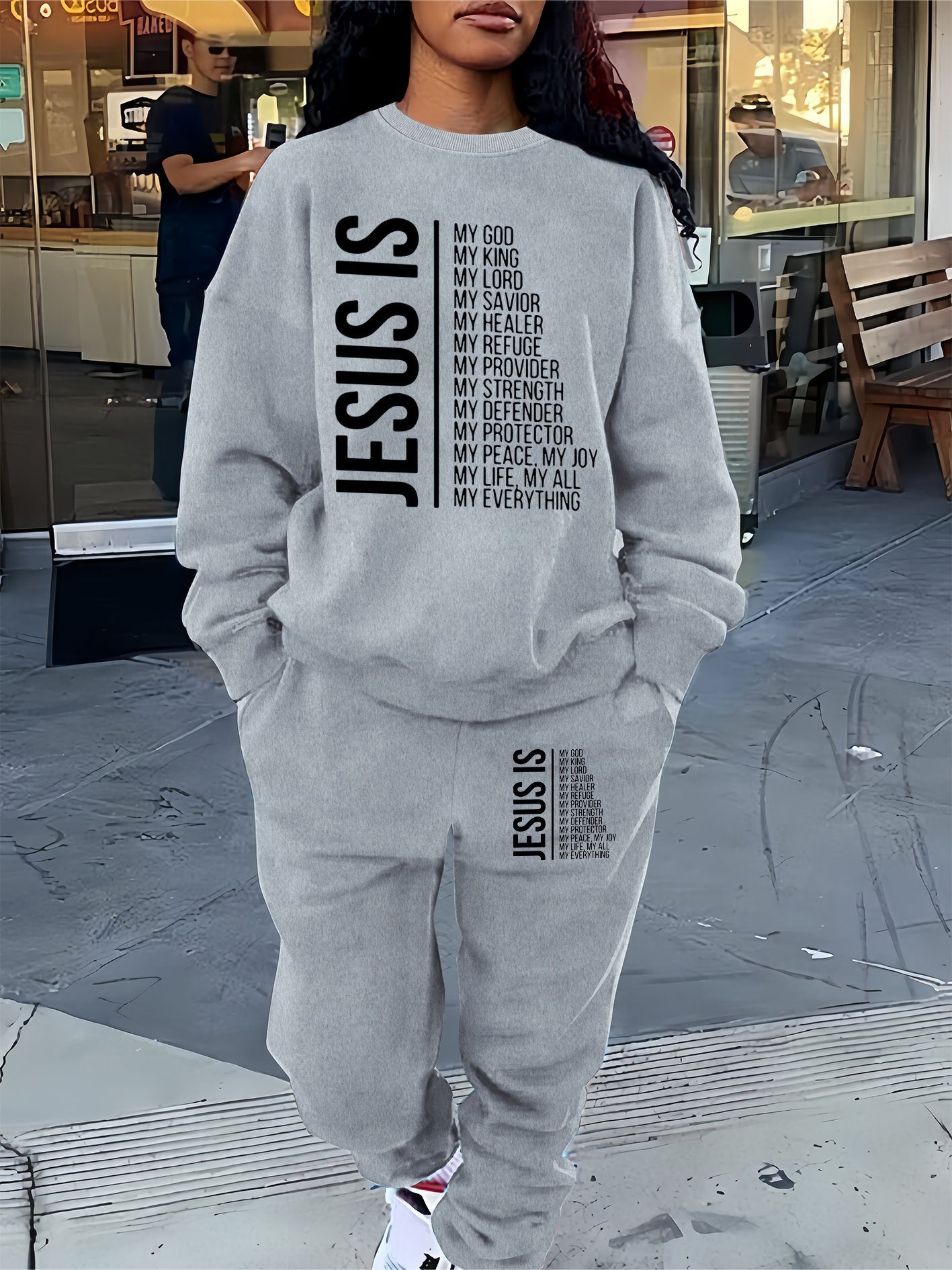 Cozy Fleece-Lined Women's Casual Letter Print Sweatshirt & Joggers Set - Machine Washable, All-Season Comfort